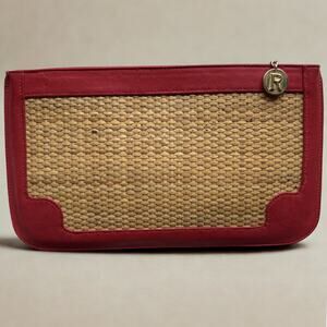 Vintage 70s Ann Taylor Wicker Clutch Straw Red Leather Trim Bag Retro Purse
